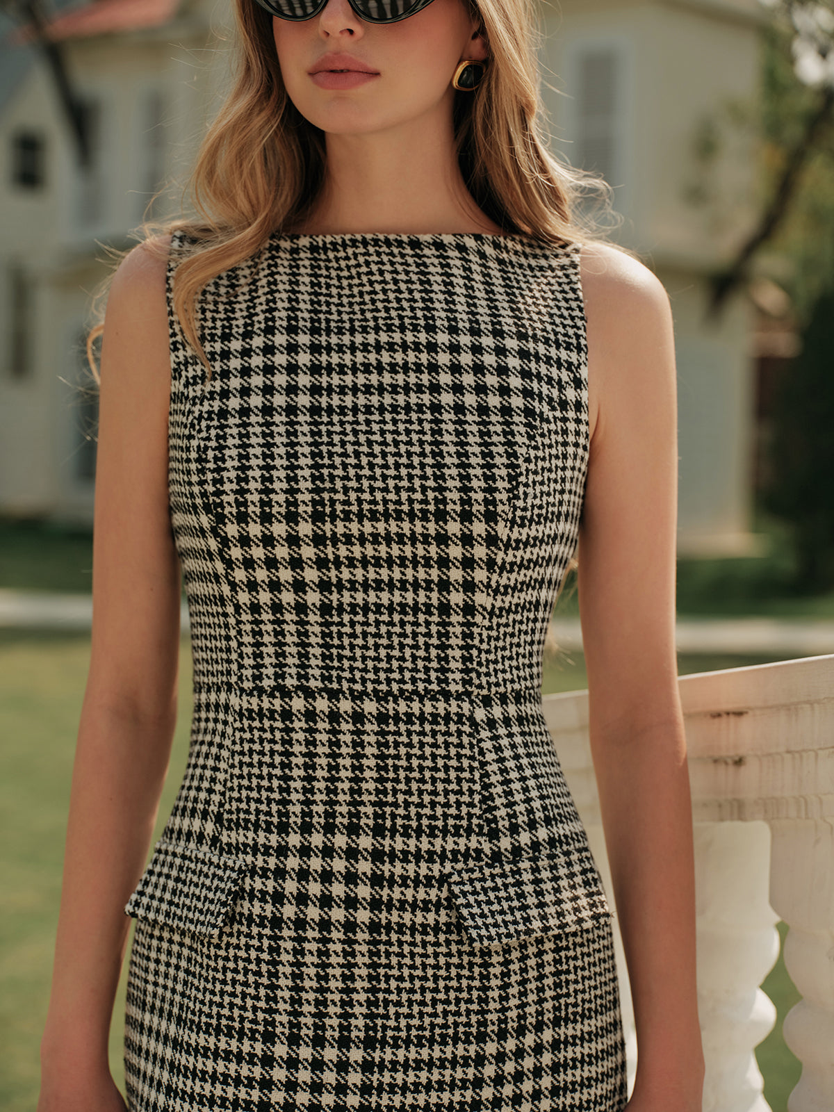 Houndstooth Tweed Zipper Dress-Chicvia