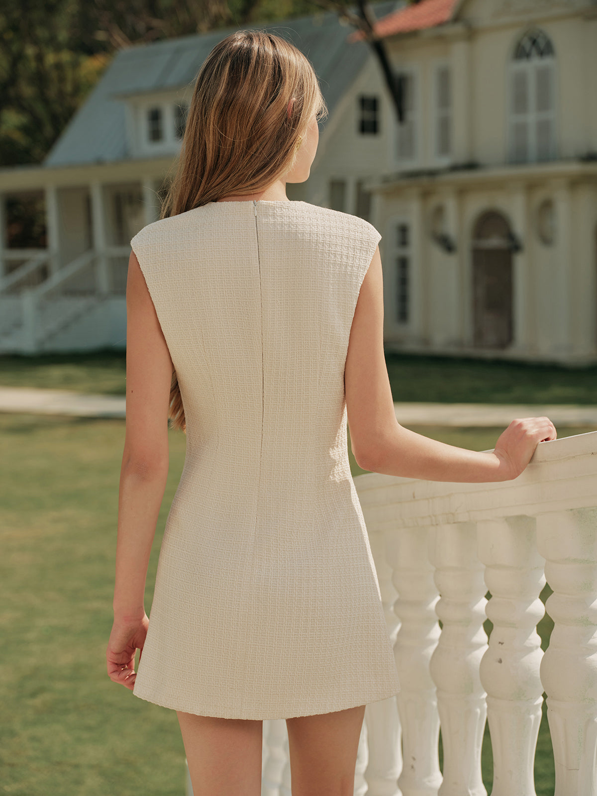 Metal Button Tweed Sleeveless Dress-Chicvia