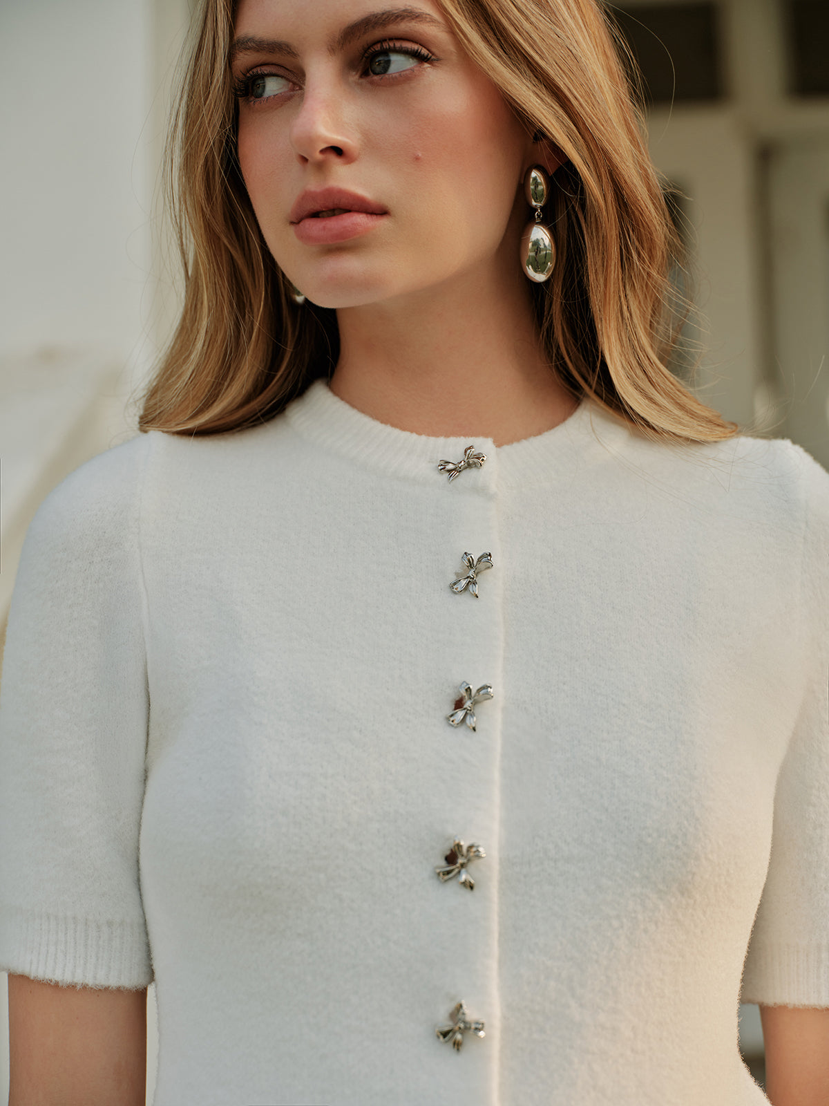 Elegant Bow Button Knit Top-Chicvia