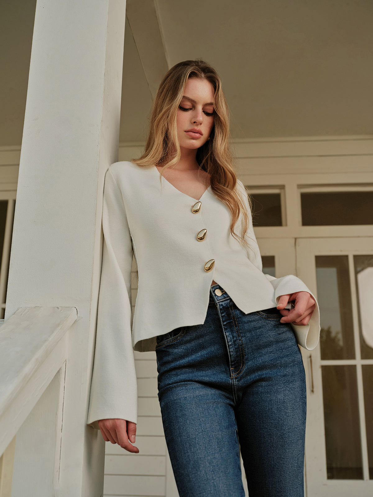 Metal Button V-Neck Cardigan-Chicvia