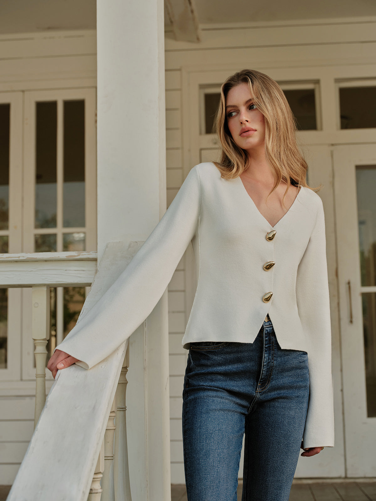 Metal Button V-Neck Cardigan-Chicvia