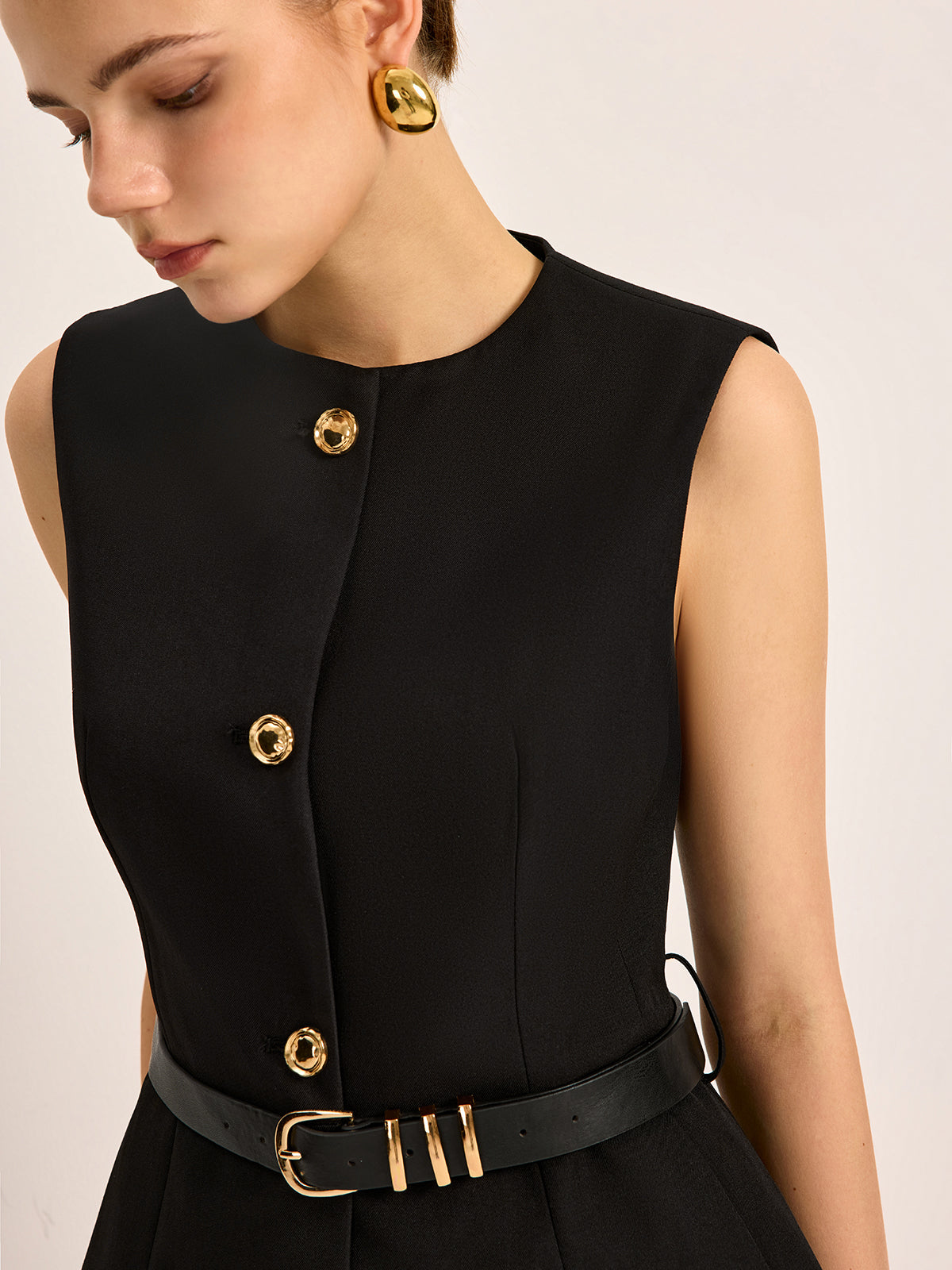 Button Detail Pockets Top With Belt-Chicvia