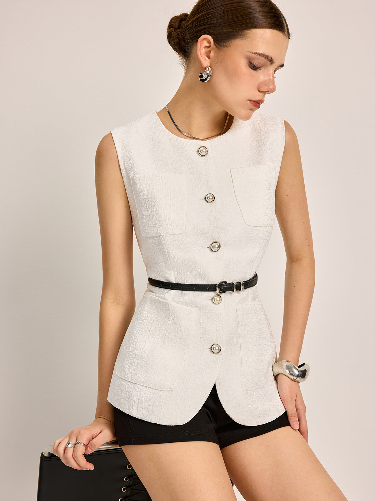 Button-Front Pockets Textured Vest Without Belt-Chicvia