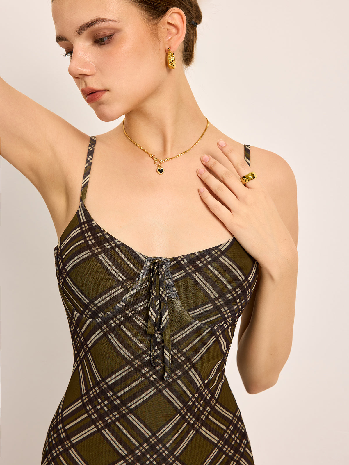 Plaid Print Tie Front Spaghetti Strap Dress-Chicvia