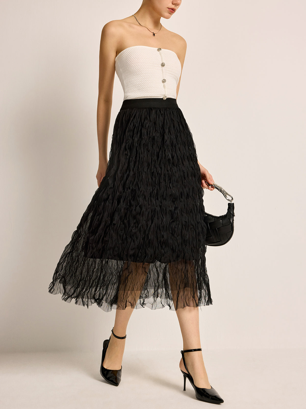 Pleated Tulle Midi Skirt-Chicvia