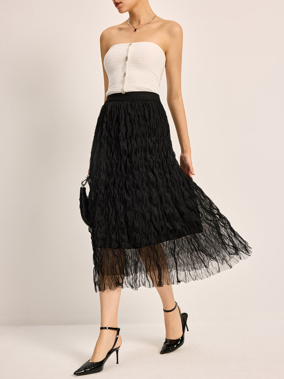 Pleated Tulle Midi Skirt-Chicvia