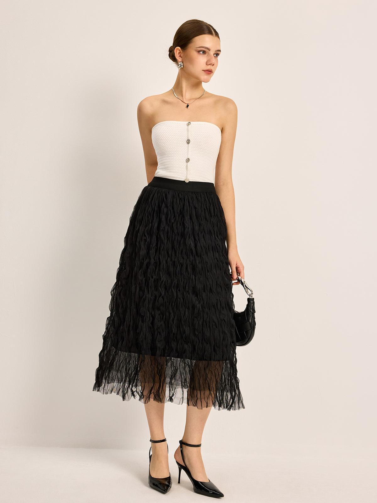Pleated Tulle Midi Skirt-Chicvia