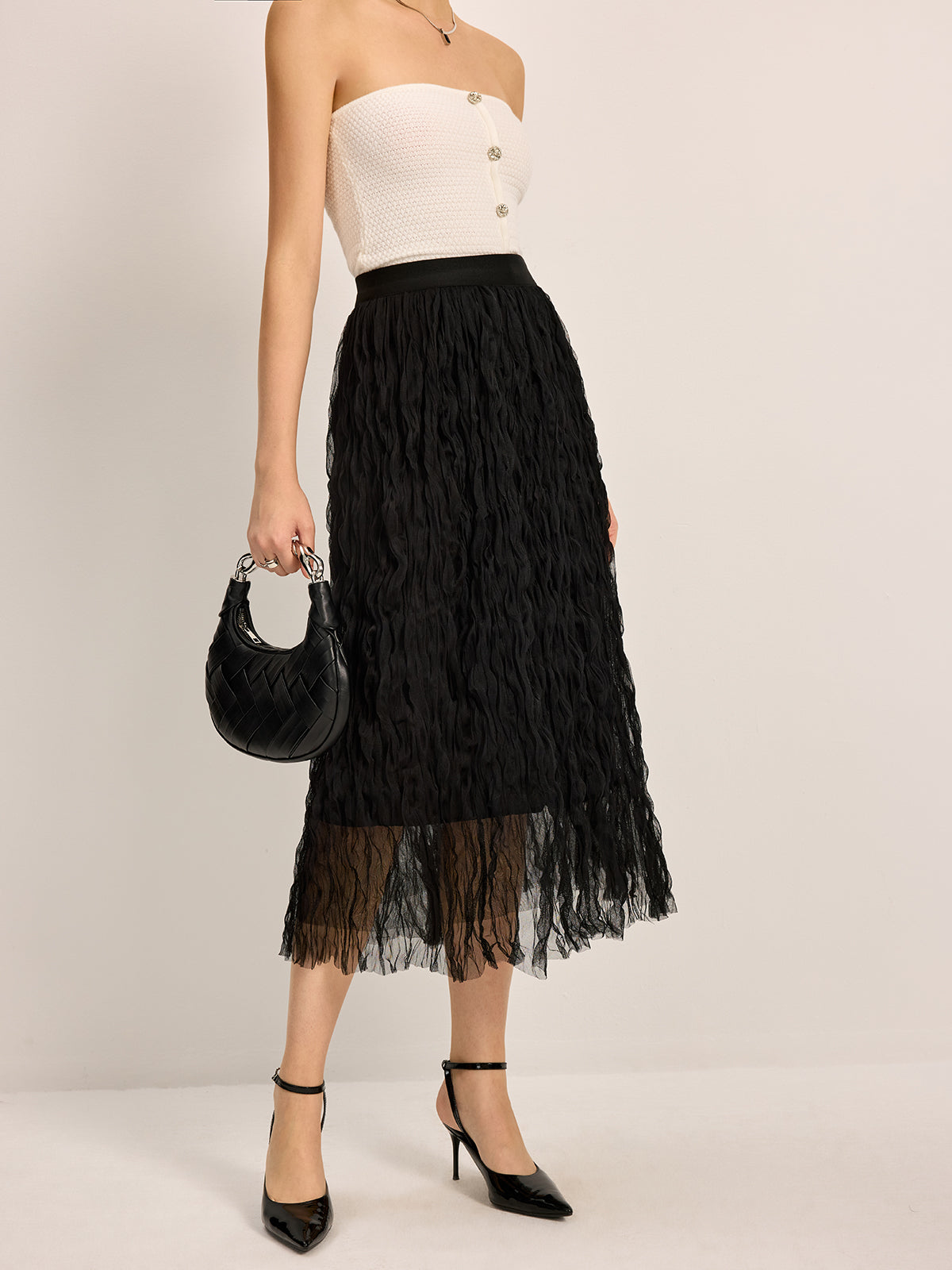 Pleated Tulle Midi Skirt-Chicvia