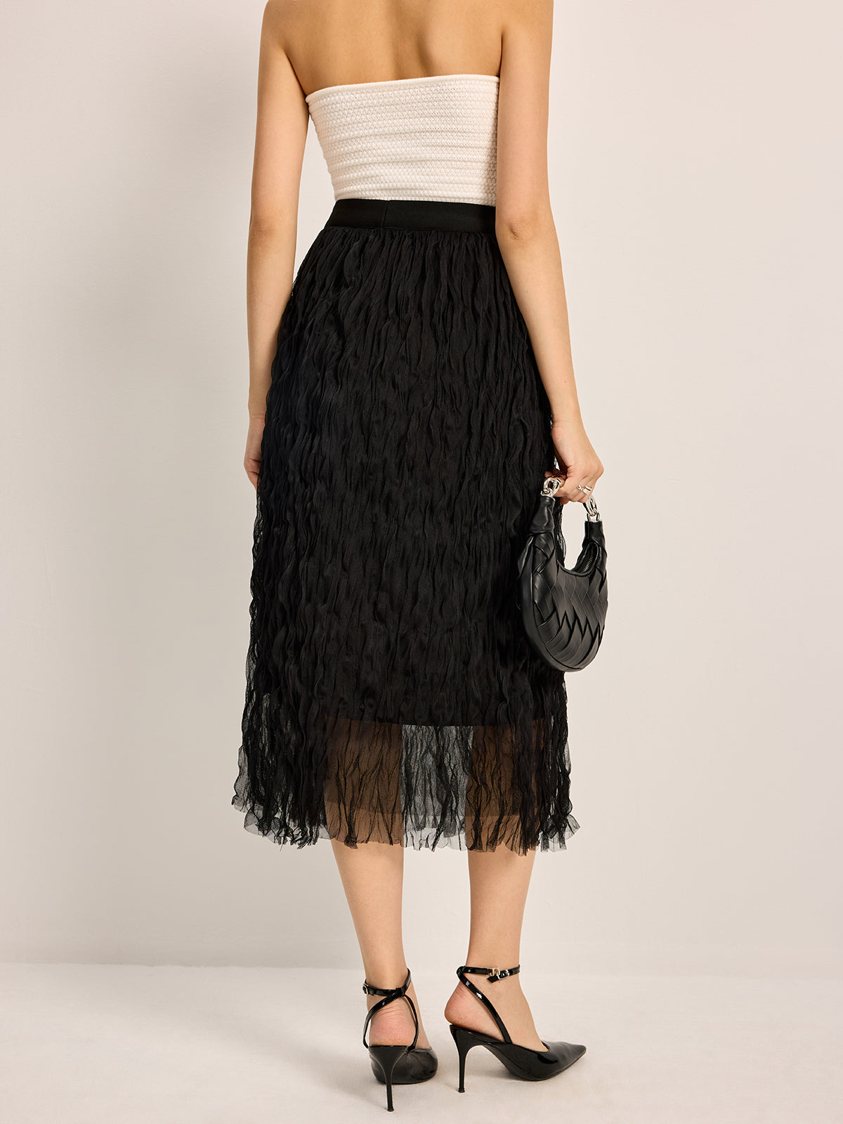 Pleated Tulle Midi Skirt-Chicvia