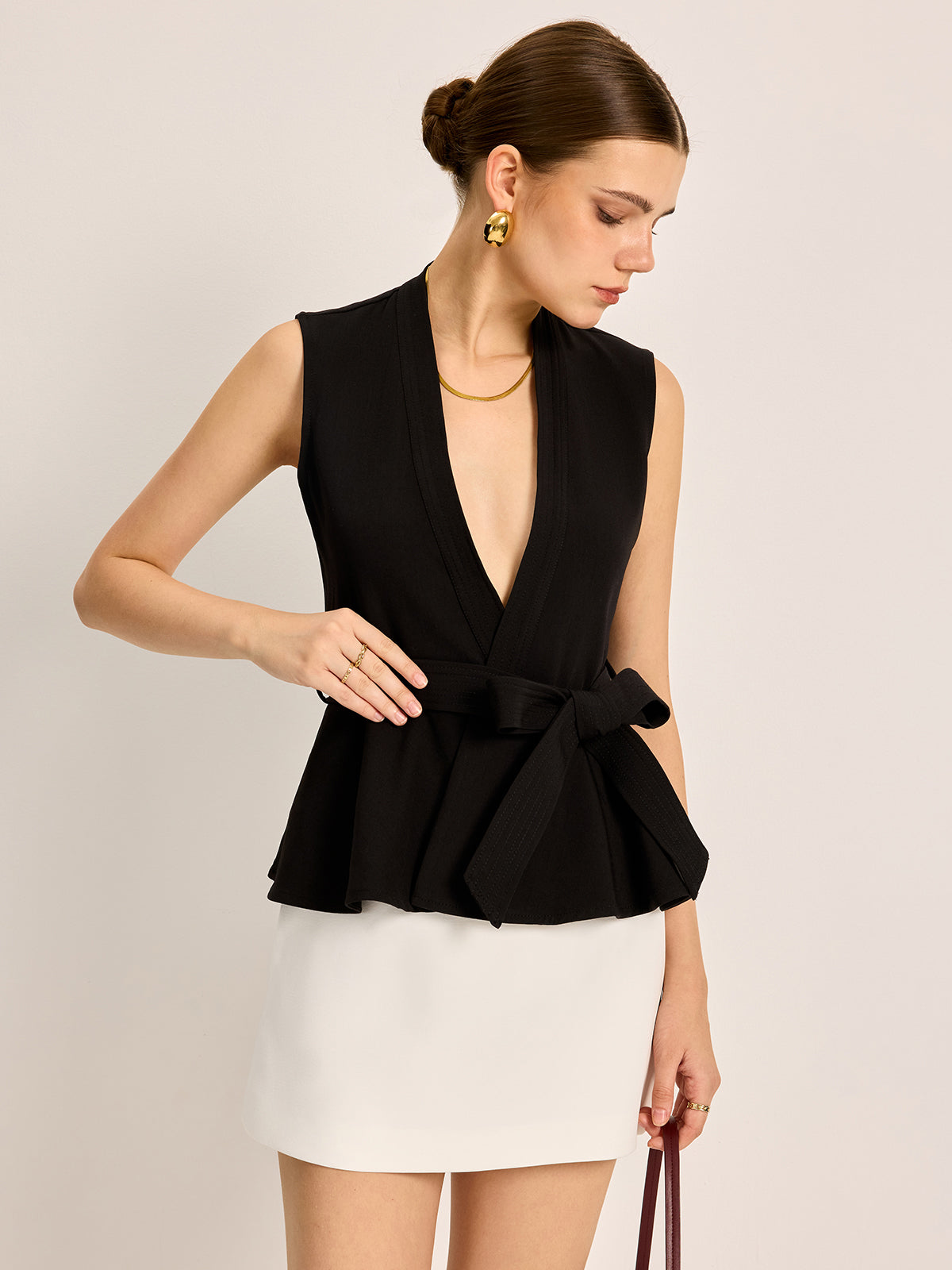 Belted V-Neck Sleeveless Top-Chicvia