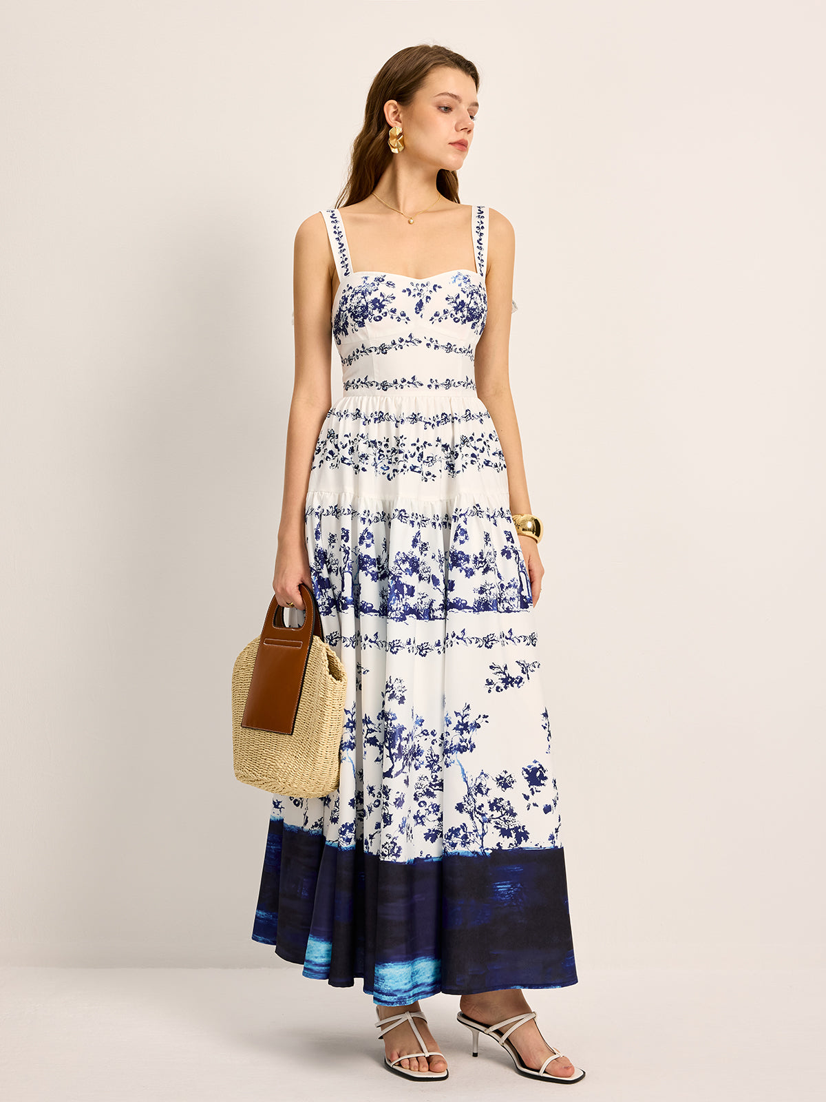 Floral Print Tie-Strap Tiered Dress-Chicvia