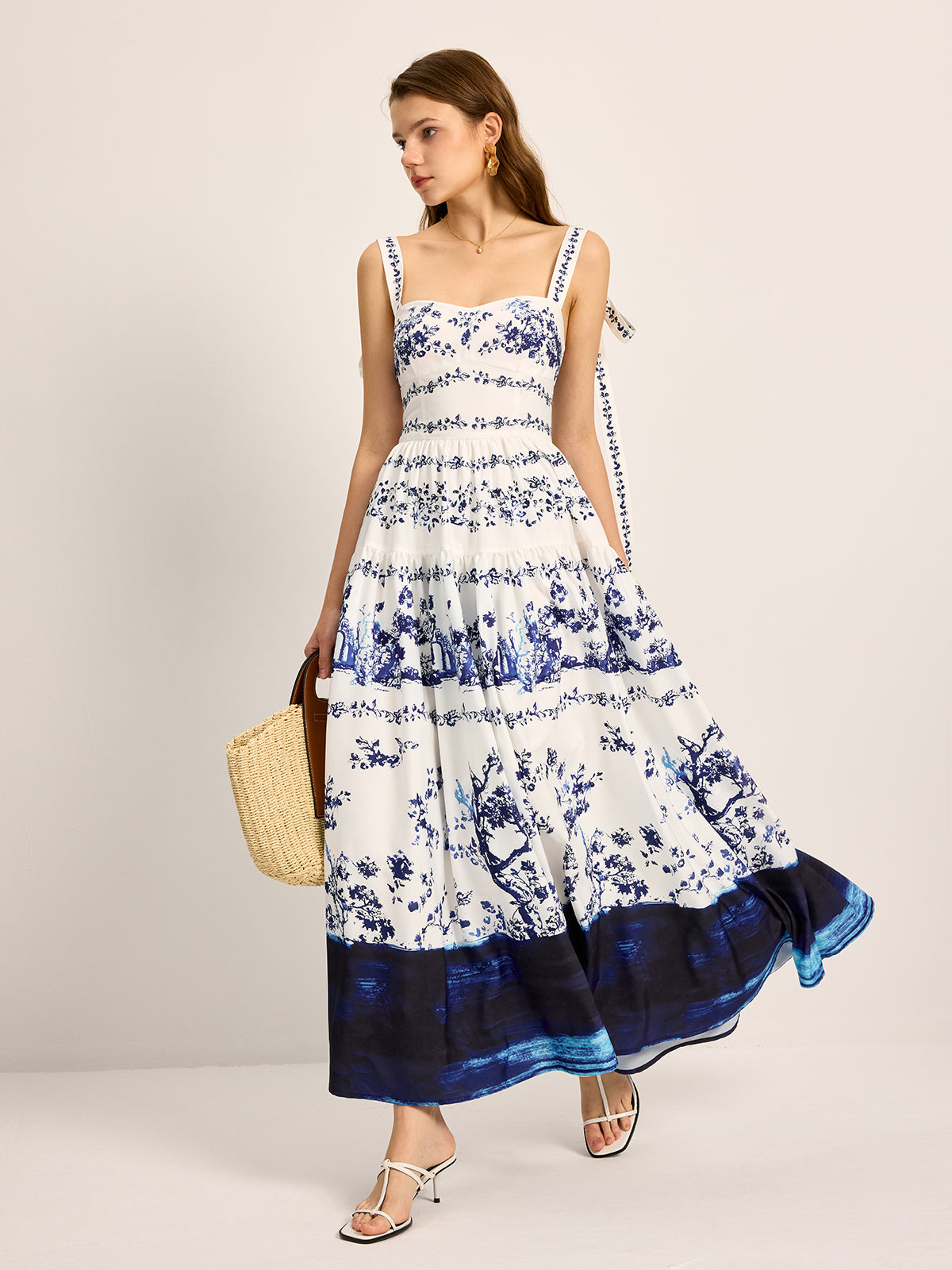 Floral Print Tie-Strap Tiered Dress-Chicvia