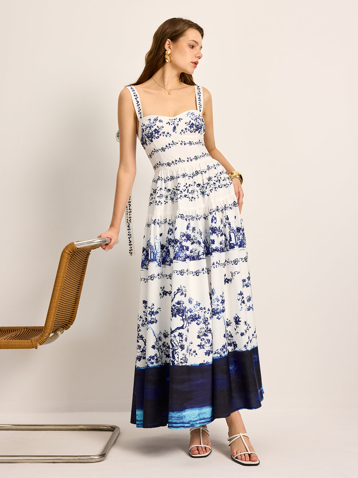 Floral Print Tie-Strap Tiered Dress-Chicvia