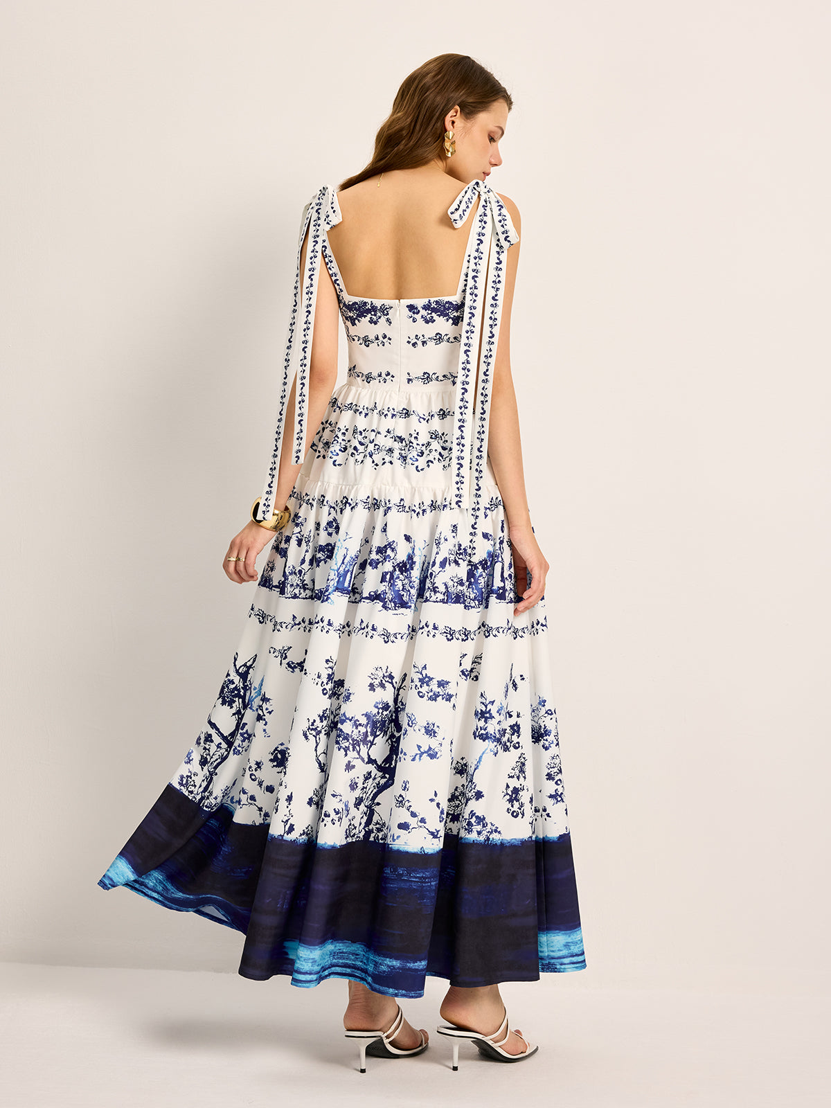 Floral Print Tie-Strap Tiered Dress-Chicvia