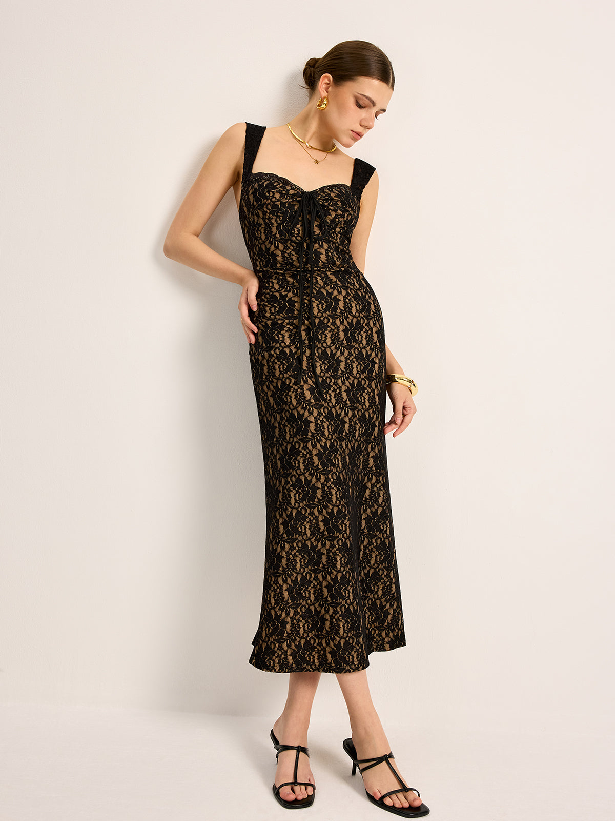 Lace Tie-Front Sleeveless Dress-Chicvia