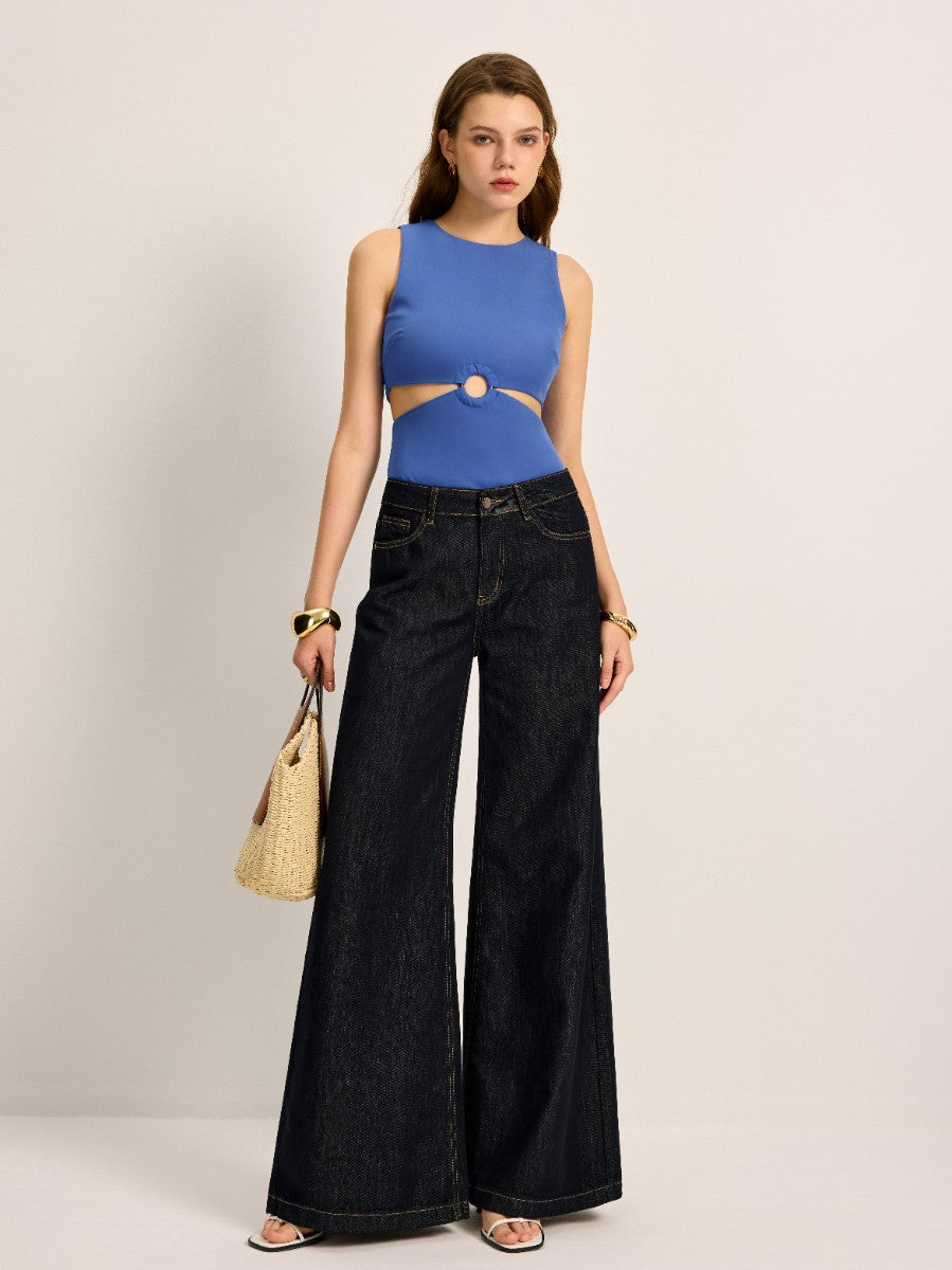 High-Waisted Wide-Leg Denim Pants-Chicvia