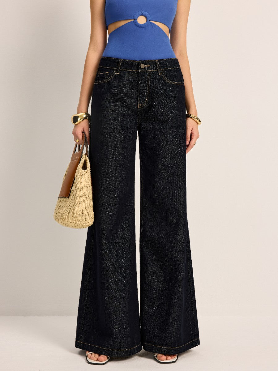 High-Waisted Wide-Leg Denim Pants-Chicvia
