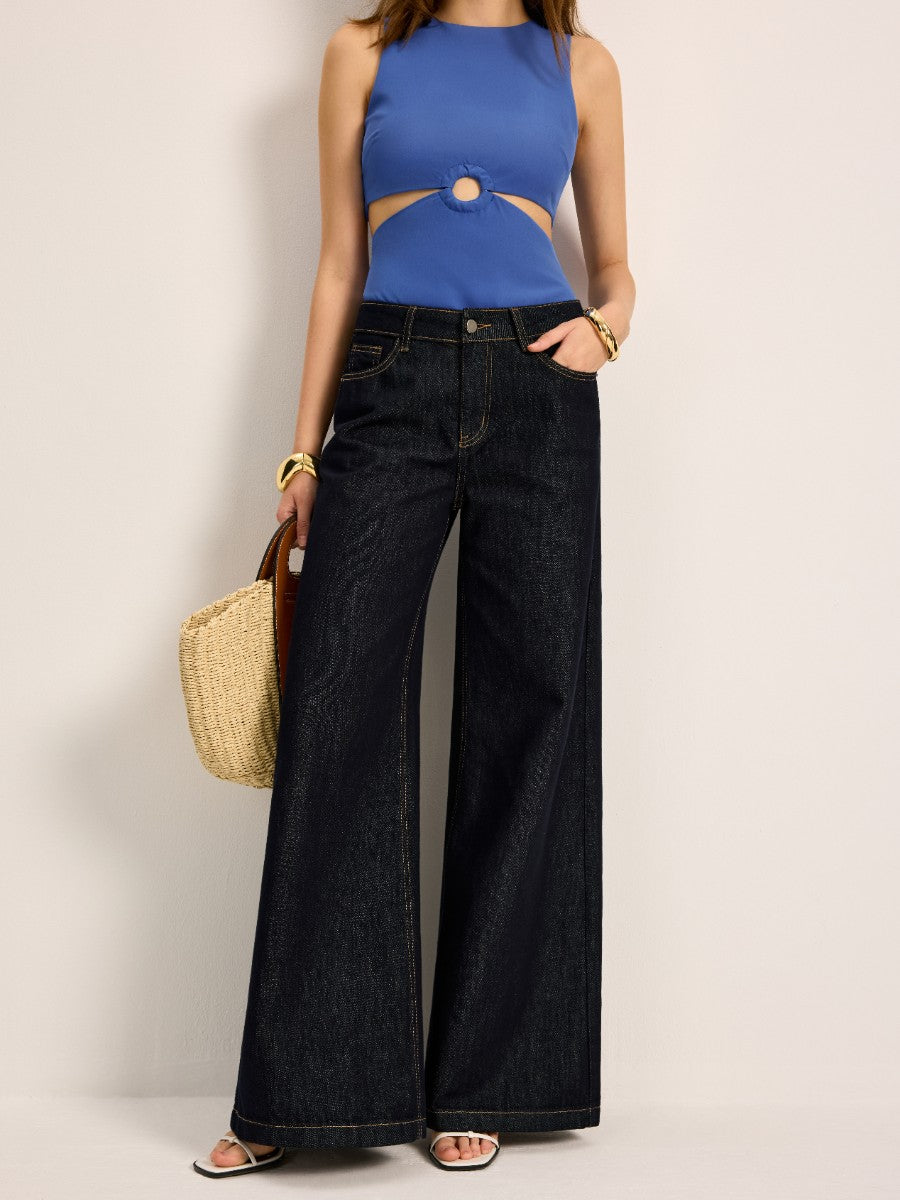 High-Waisted Wide-Leg Denim Pants-Chicvia