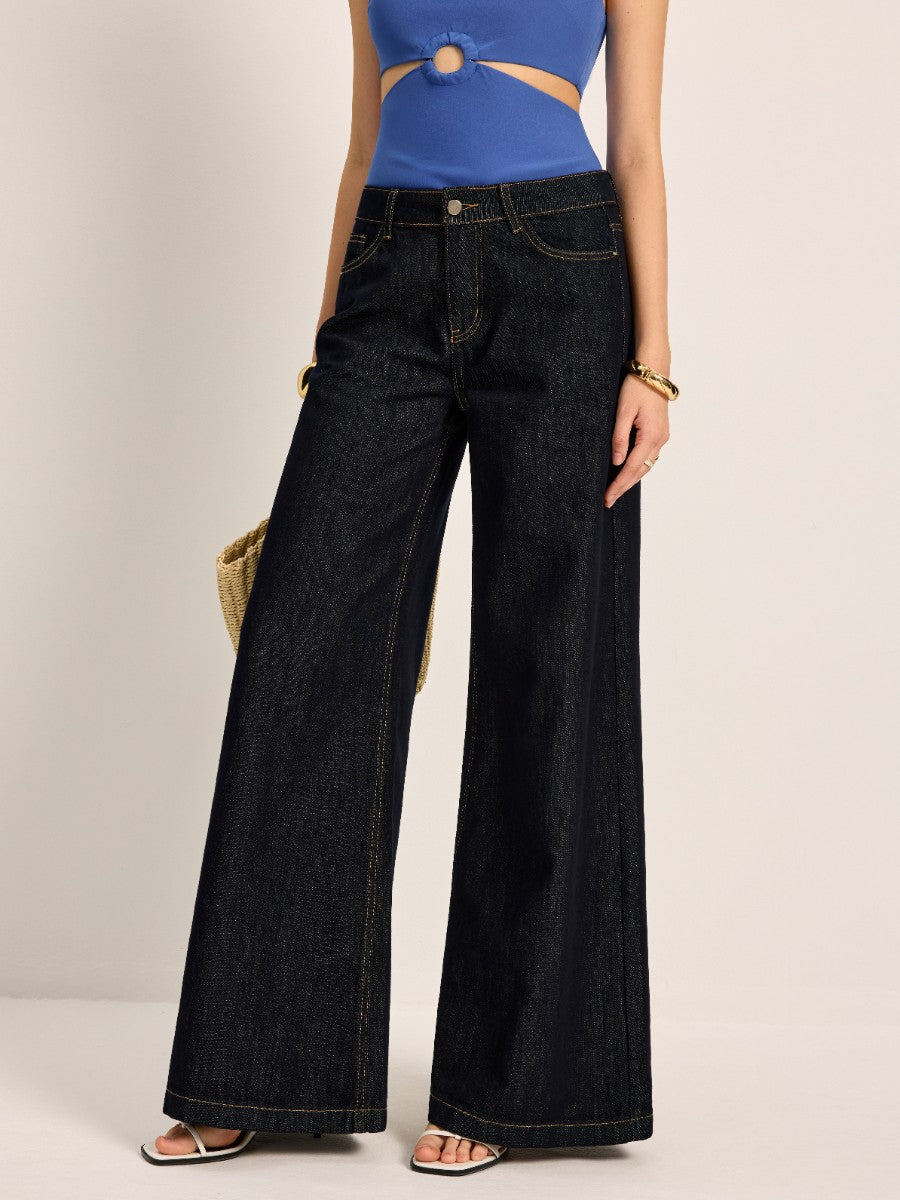 High-Waisted Wide-Leg Denim Pants-Chicvia