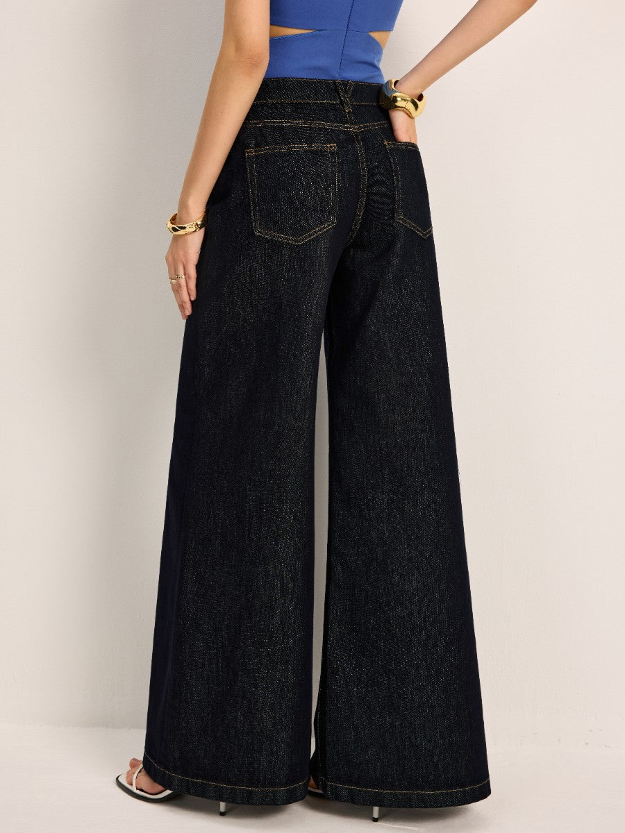 High-Waisted Wide-Leg Denim Pants-Chicvia