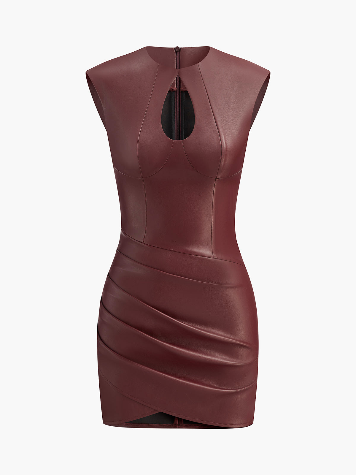 Keyhole Neckline Pleated PU Leather Slim Dress-Chicvia
