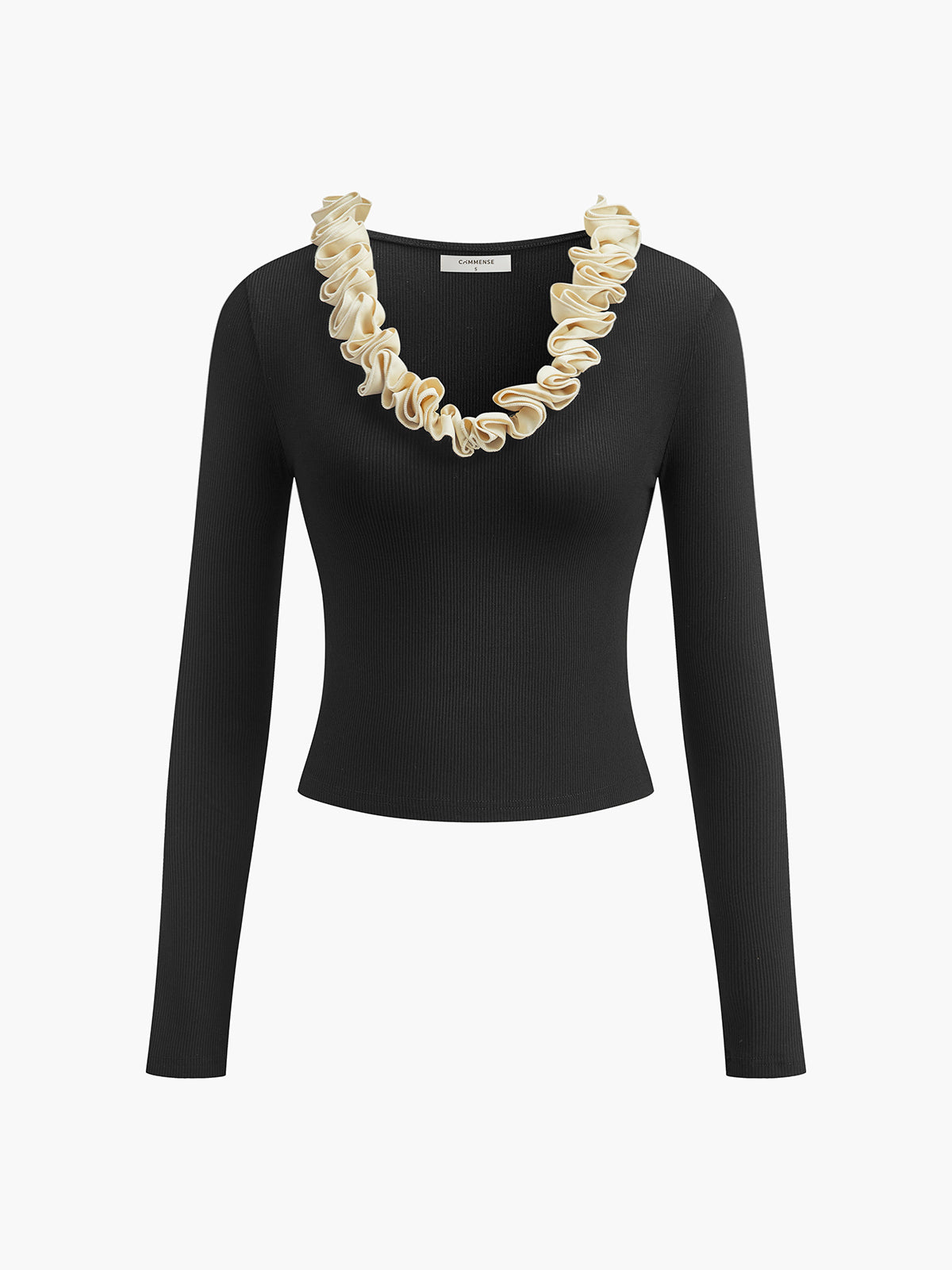 Cotton Floral Trim Slim T-Shirt-Chicvia