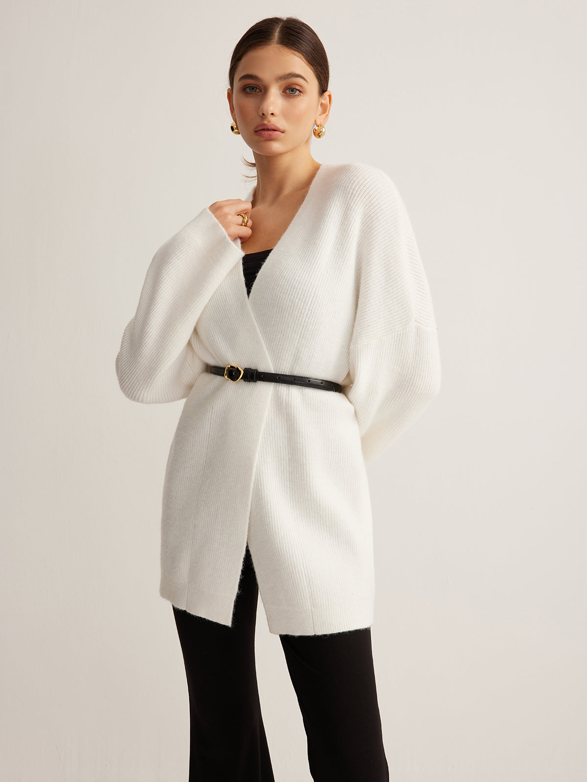 Minimalist Ribbed Belted Cardigan-Chicvia
