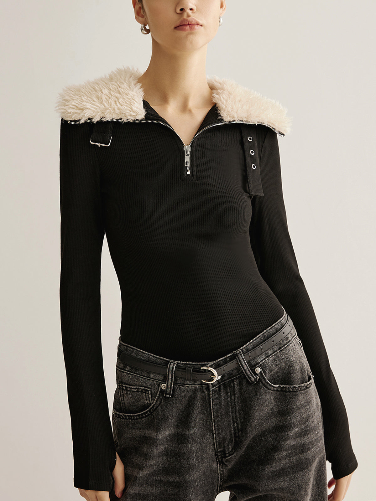 Fuzzy Collar Belt-Design Zipper Blouse-Chicvia