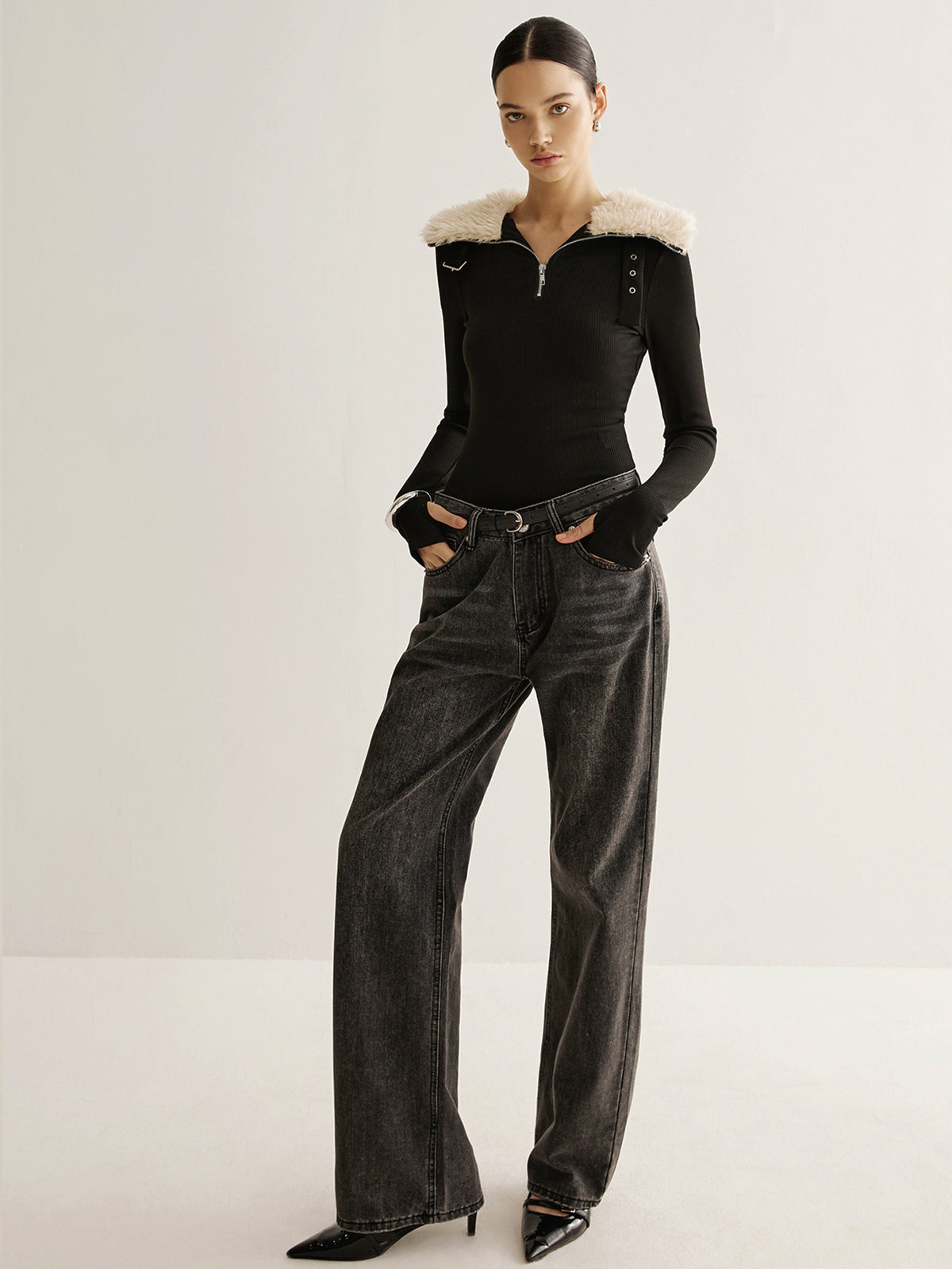 Fuzzy Collar Belt-Design Zipper Blouse-Chicvia
