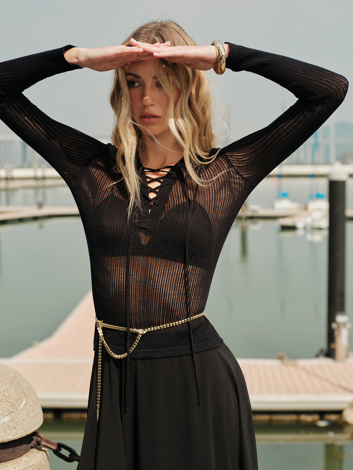 Lace-Up Front Sheer Long Sleeve Sweater-Chicvia