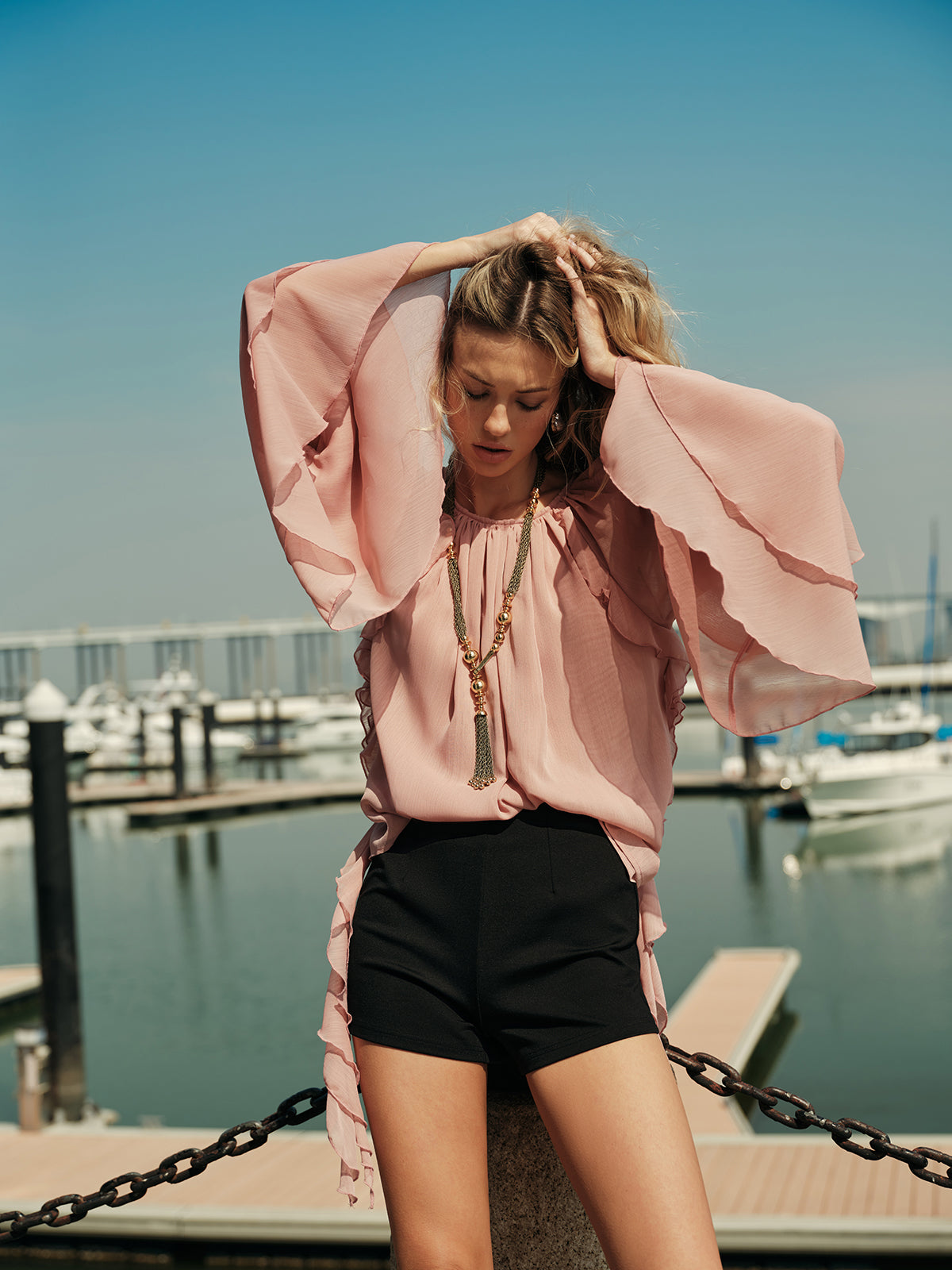 Chiffon Ruffle Sleeve Blouse-Chicvia