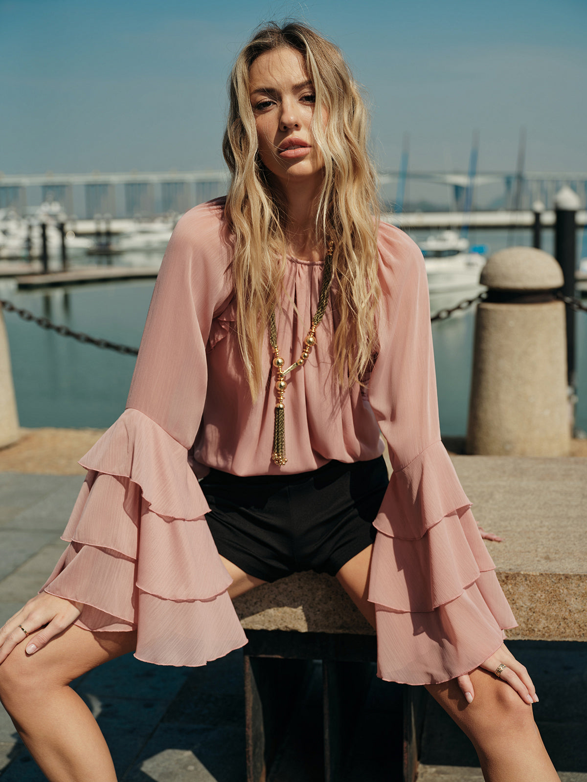 Chiffon Ruffle Sleeve Blouse-Chicvia