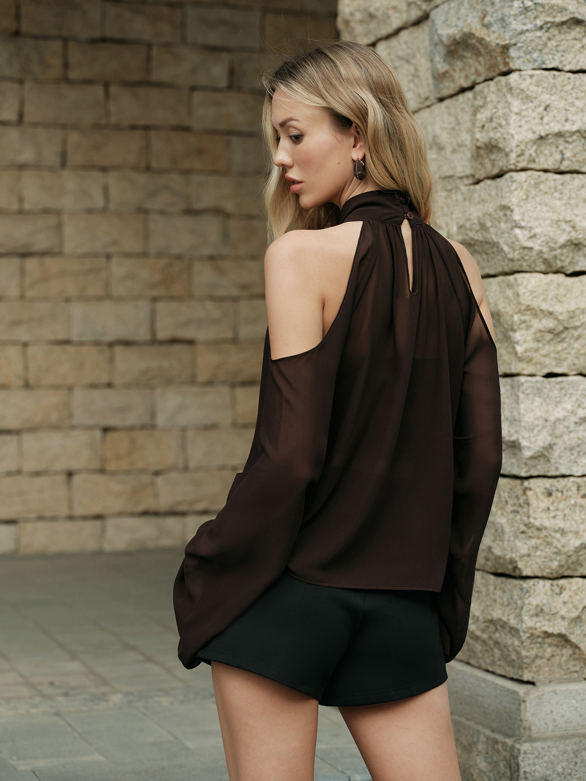 Floral Detail Sheer Cold-Shoulder Top-Chicvia