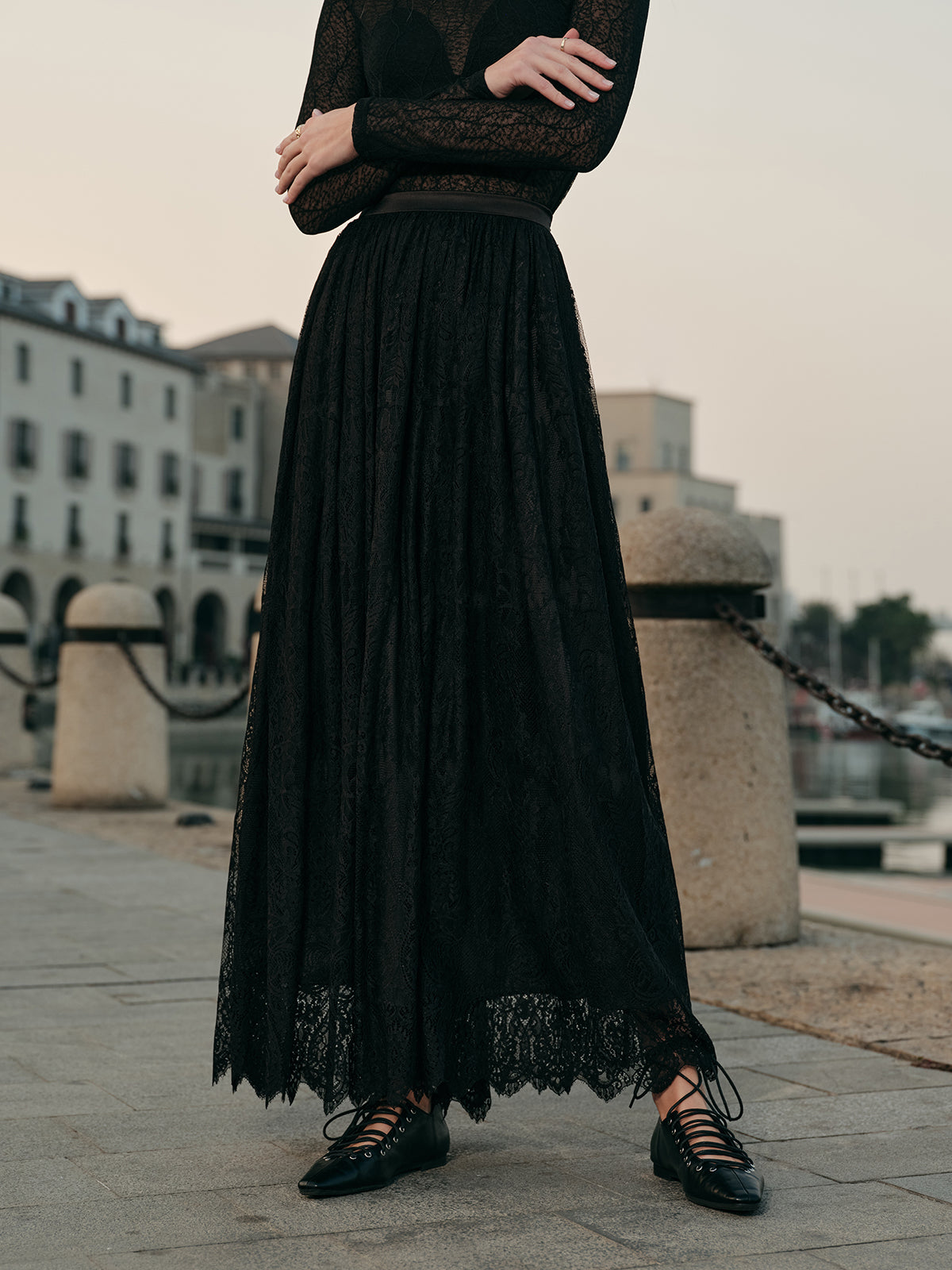 Lace Embroidered A-Line Skirt-Chicvia