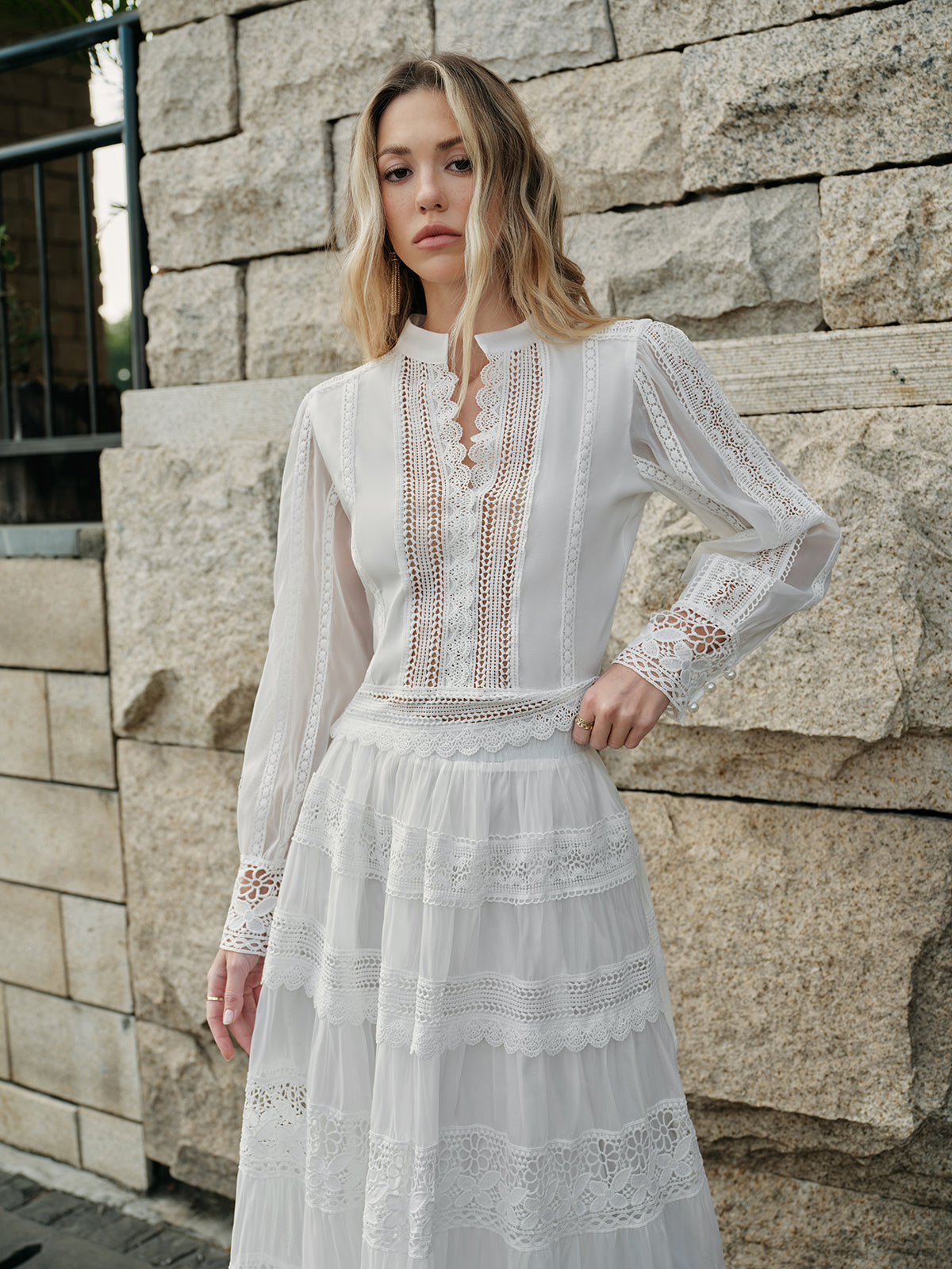 Lace Trim Tiered Skirt Set-Chicvia