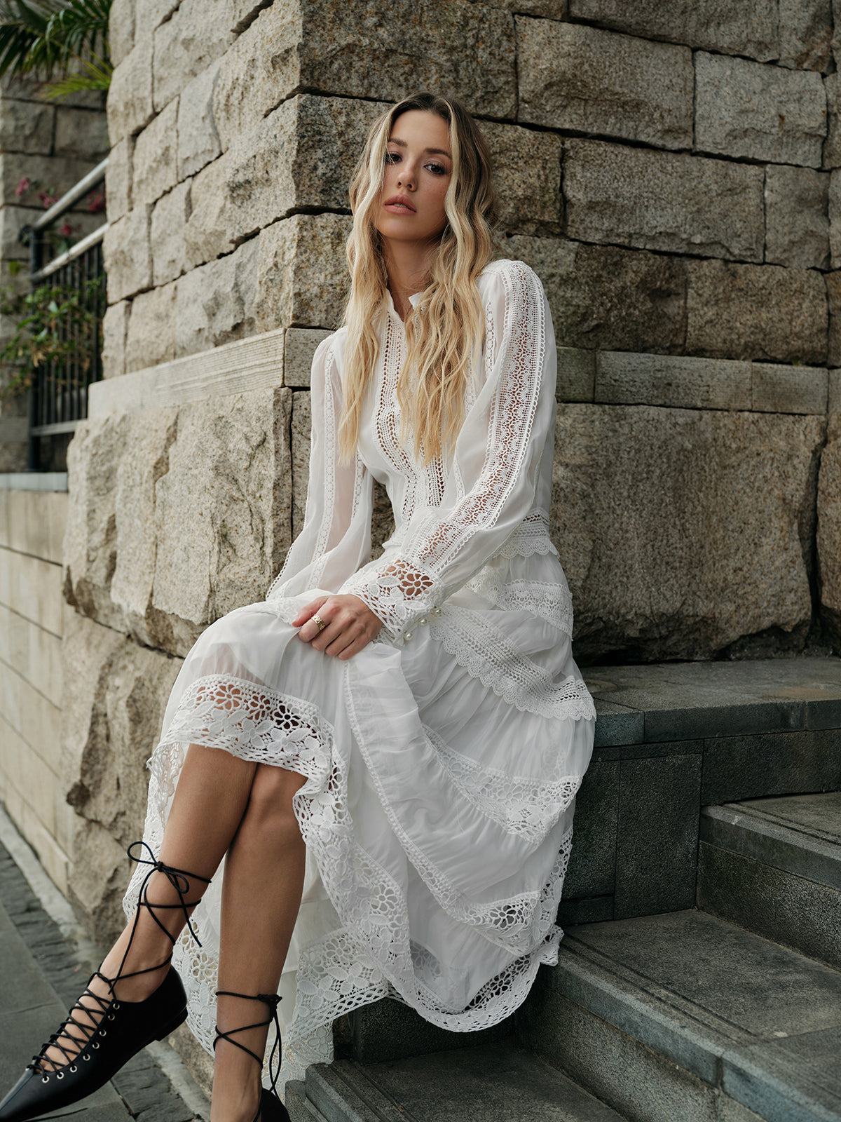 Lace Trim Tiered Skirt Set-Chicvia