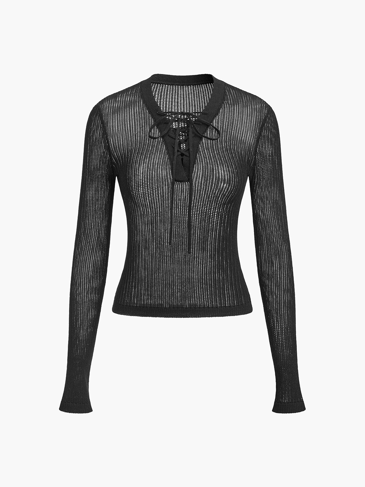 Lace-Up Front Sheer Long Sleeve Sweater-Chicvia