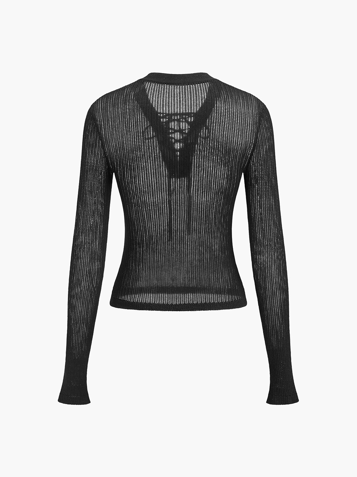Lace-Up Front Sheer Long Sleeve Sweater-Chicvia