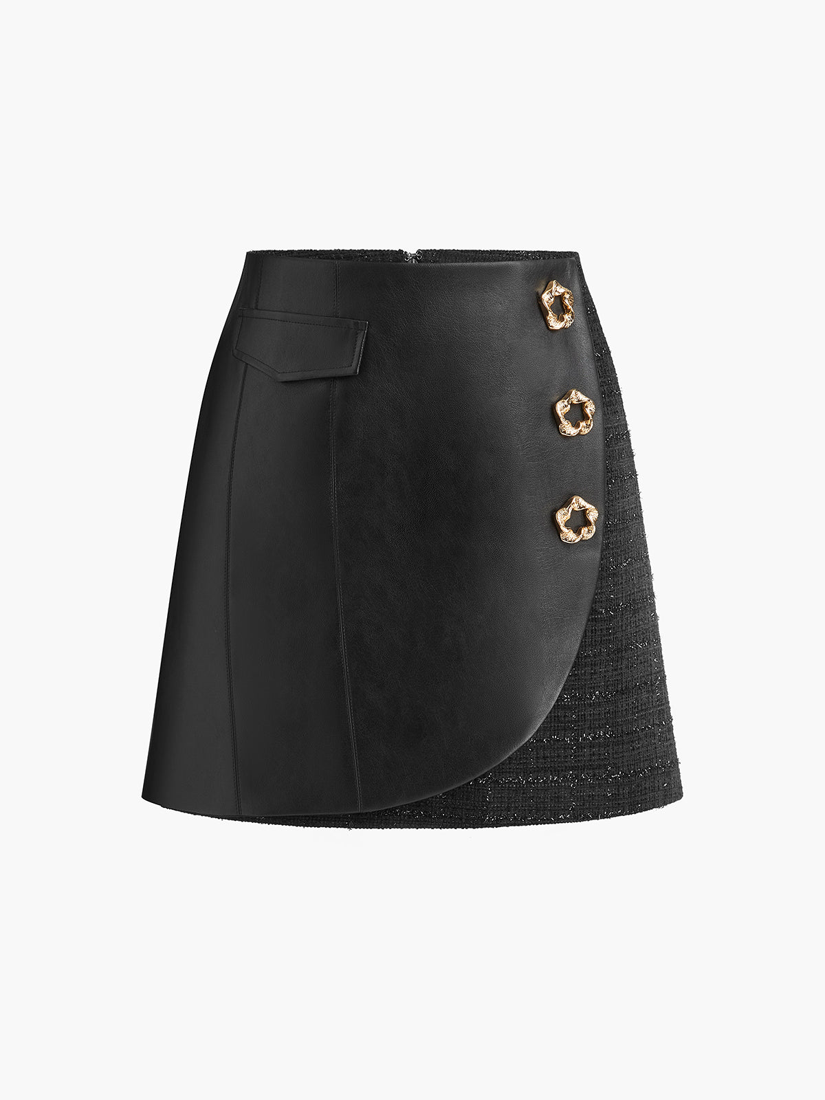 Floral Decor Faux Leather Panel Skirt-Chicvia