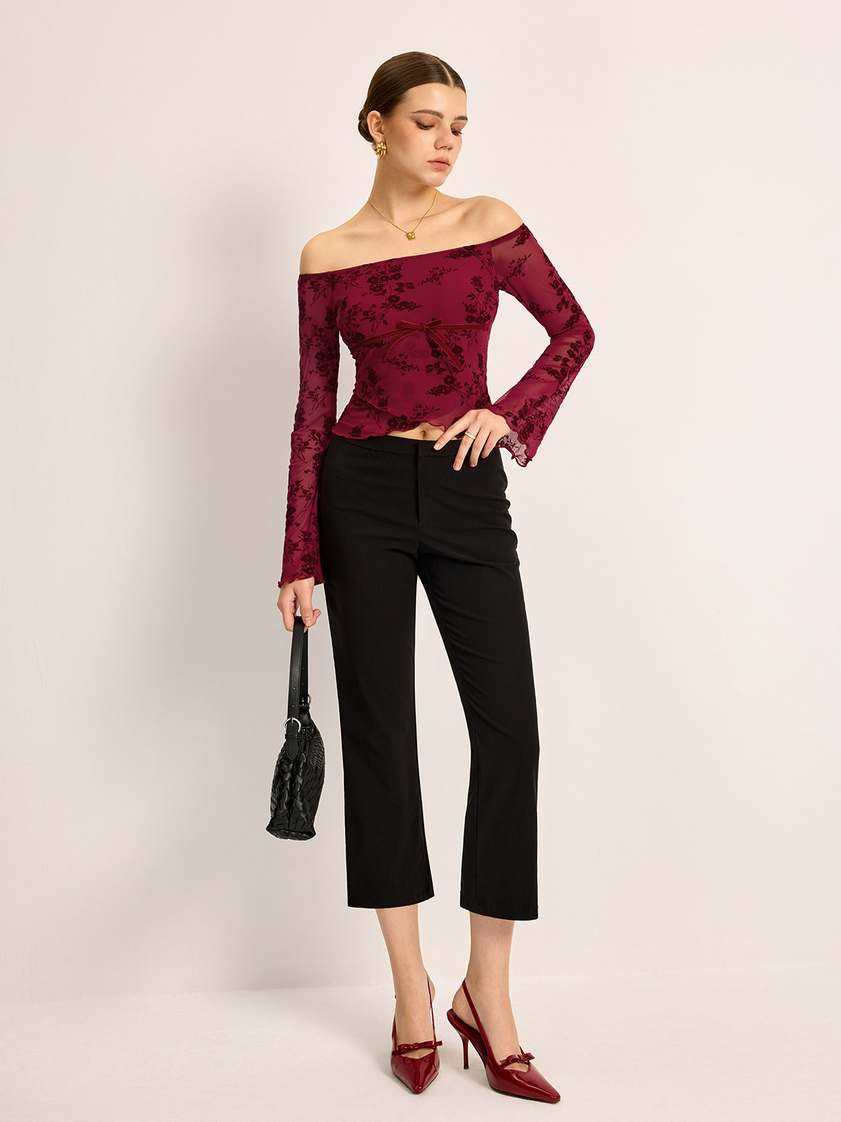 Off-Shoulder Floral Print Semi-Sheer T-Shirt-Chicvia