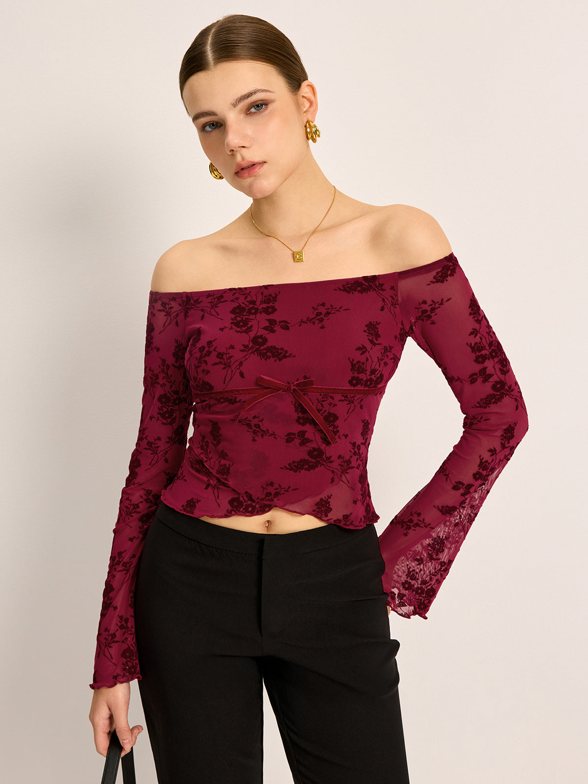 Off-Shoulder Floral Print Semi-Sheer T-Shirt-Chicvia