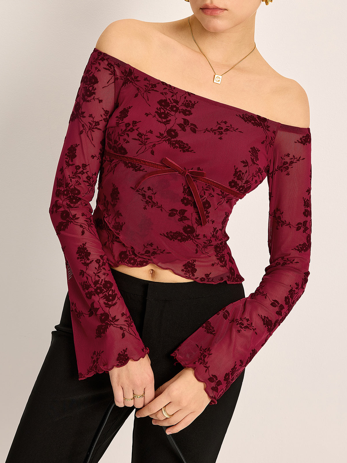 Off-Shoulder Floral Print Semi-Sheer T-Shirt-Chicvia