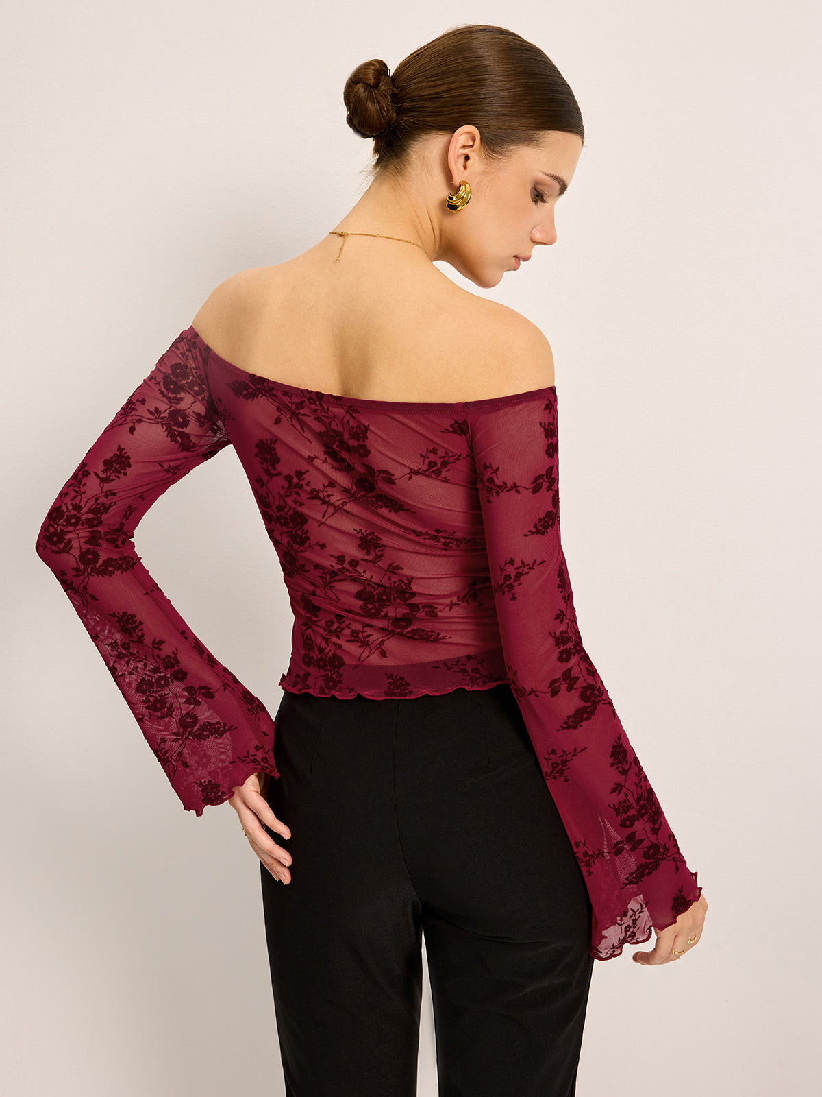 Off-Shoulder Floral Print Semi-Sheer T-Shirt-Chicvia