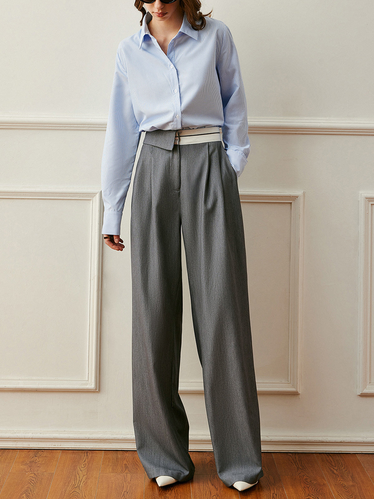 Color Block High-Waisted Pleated Pants-Chicvia