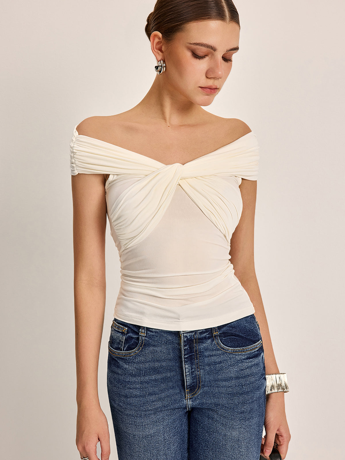 Off-Shoulder Ruched Knot Top-Chicvia