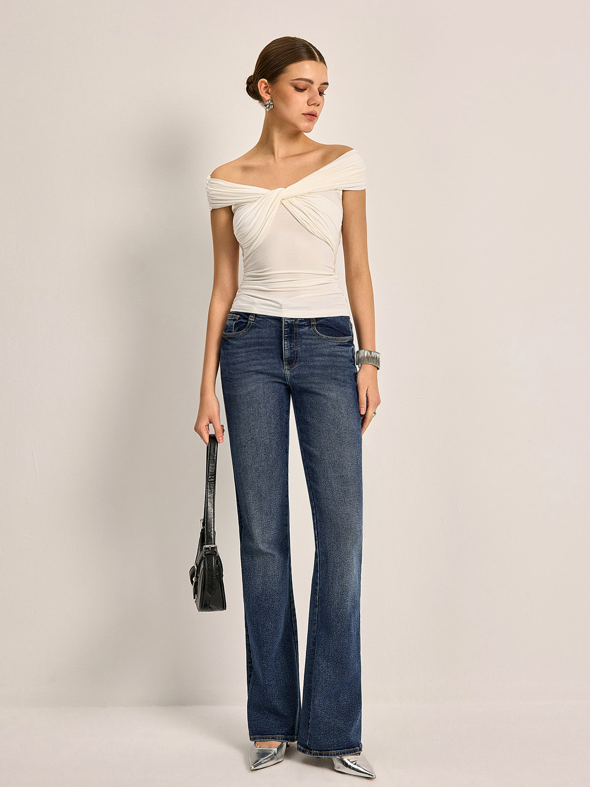 Off-Shoulder Ruched Knot Top-Chicvia