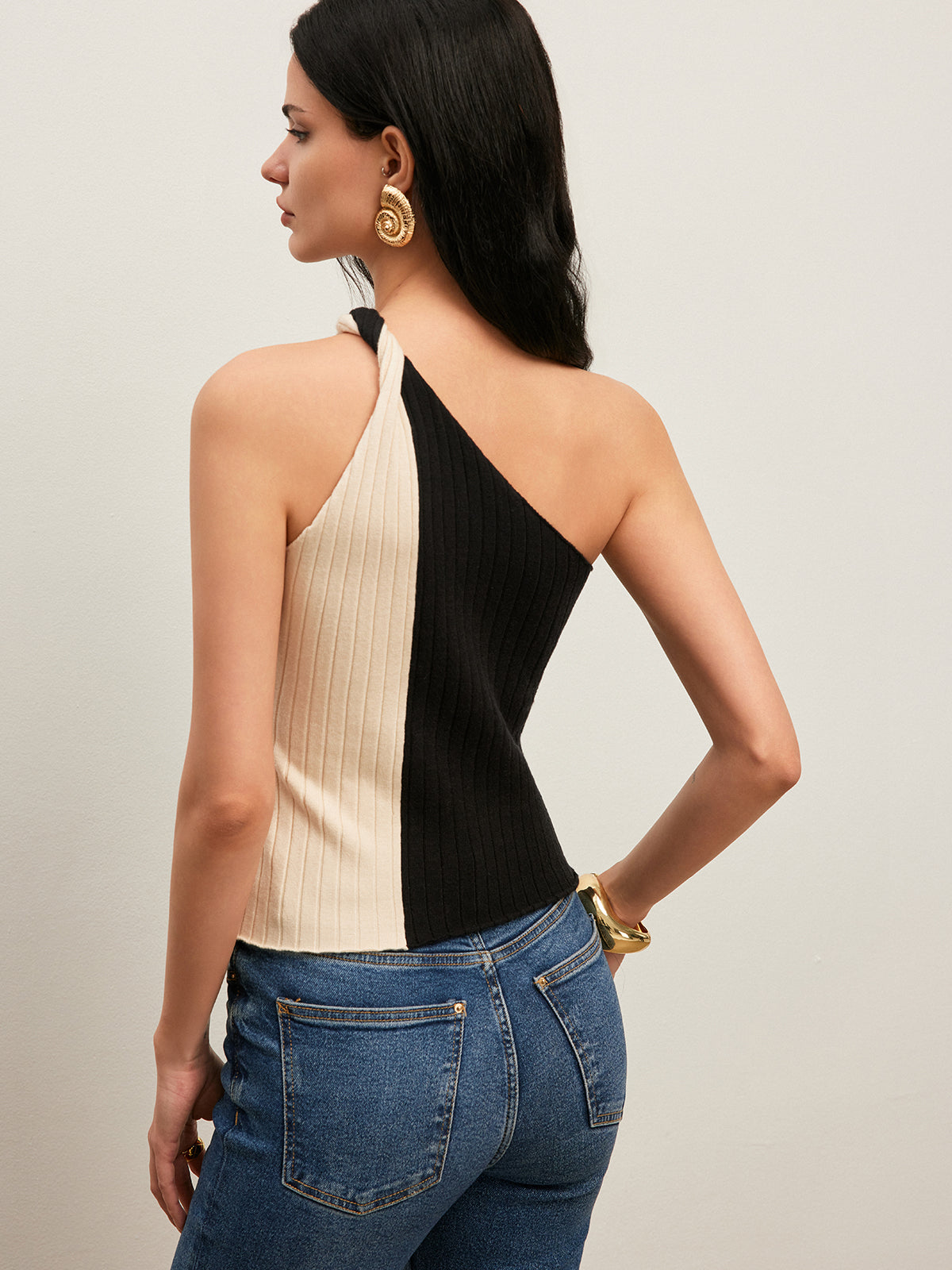 Color Block One Shoulder Top-Chicvia