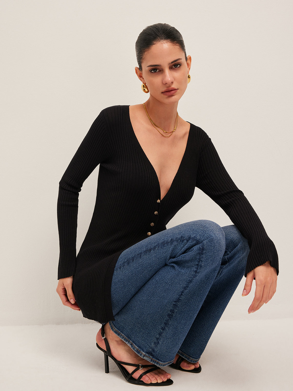 Ribbed Slit Button Cardigan-Chicvia