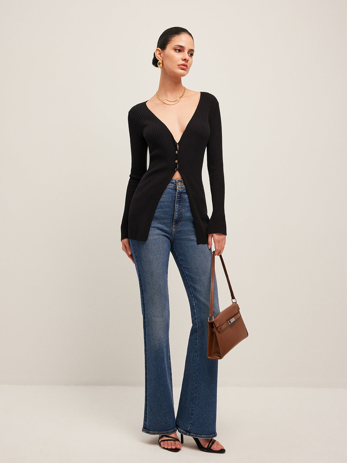 Ribbed Slit Button Cardigan-Chicvia