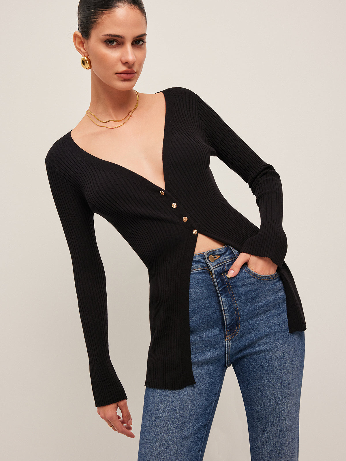 Ribbed Slit Button Cardigan-Chicvia